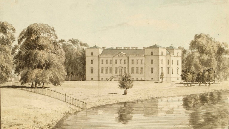 Historical watercolour painting of Croome with fine black paintwork on a cream background. Painted in 179